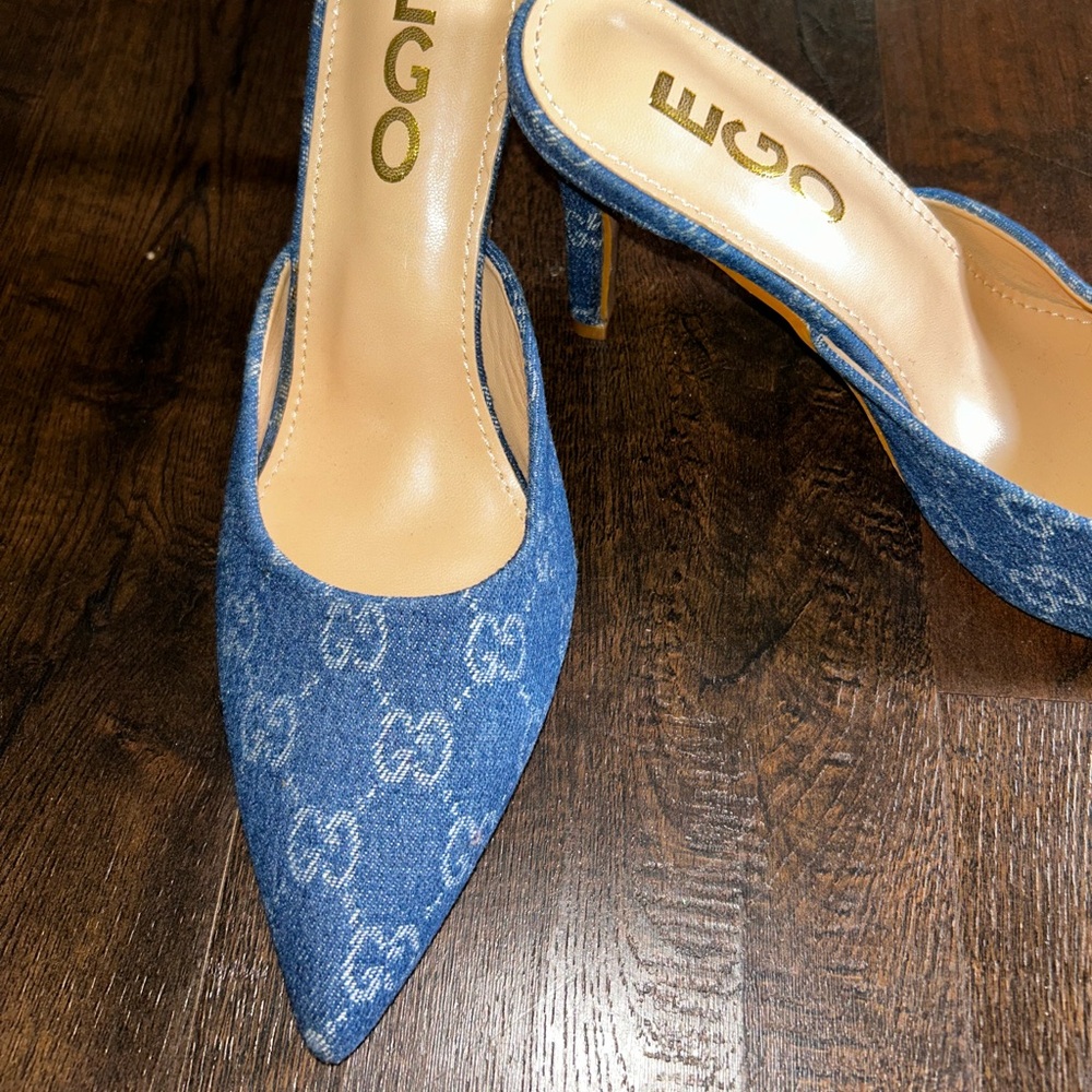 EGO Blue Denim Pointed Toe High Heel Mules - Picture 3 of 7